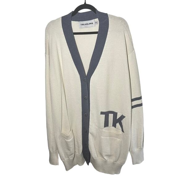 Tru Kolors Men's Cream Navy Blue TK Long Cardigan Sweater Size XXL - Picture 1 of 7